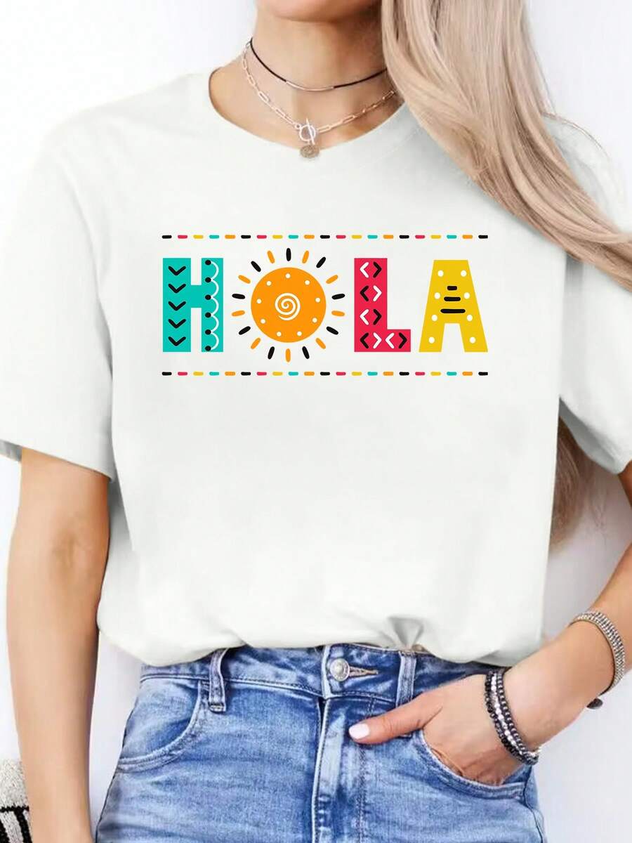 Camiseta de Mujer con Alfabeto Español - Aprendizaje del Idioma Español, Blusa Casual de Manga Corta y Cuello Redondo para Clases de Español y Atuendo casual - [Blanco] - Ver 1