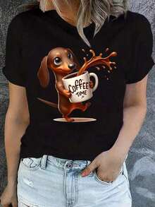 Camiseta Casual para Mujer - Estampado Gráfico de Dachshund "Coffee Time", Tela Suave y Elástica, Cuello Redondo, Manga Corta, Lavable a Máquina, Ropa Casual Cómoda para Primavera Verano - Negro - Ver 6