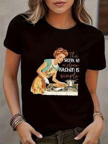 Women's Vintage T-Shirt - Retro Apron Print And Kitchen Slogan, Short Sleeve, Breathable And Semi-Sheer, Regular Fit For 1950s Housewife Style, Spring And Summer Outfits - 黑色 - 查看 1