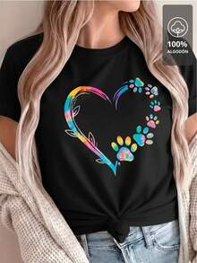 100% Multicolor T-Shirt With Paw And Heart Design - 黑色 - 查看 6