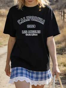 Women's Soft, Casual, Crew-Neck Short-Sleeve T-Shirt With A Retro California Los Angeles Graphic Print, Suitable For Everyday Casual Wear. Black. - 黑色 - 查看 3