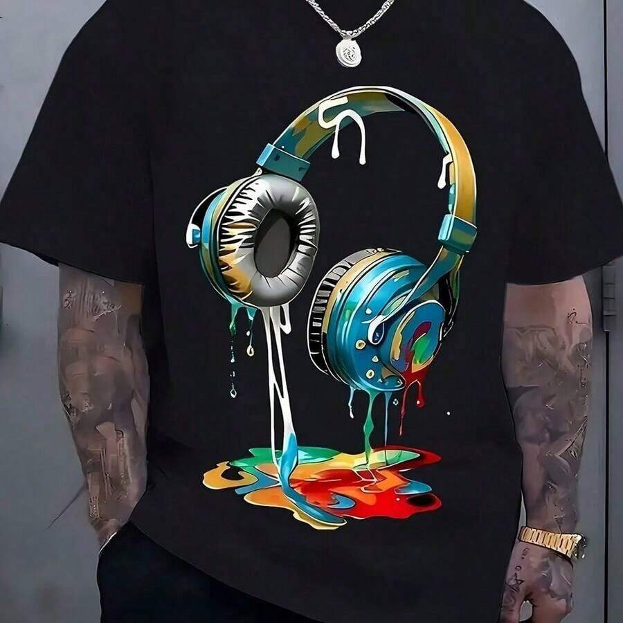Camiseta Gráfica de Moda Urbana para Hombre – Estampado Vibrante de Auriculares y Salpicaduras de Pintura, Tela Transpirable, Corte Holgado, Camiseta Casual de Verano, Lavable a Máquina, Uso Diario - Blanco - Ver 1