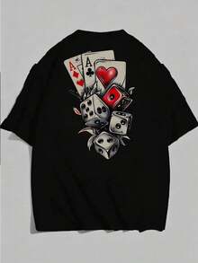 Camiseta de Moda para Hombre Talla Grande con Estampado de Póker y Dados, Cuello Redondo, Manga Corta, Estilo Casual - Negro - Ver 3