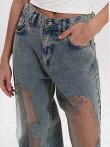 Pantalones vaqueros rectos holgados con diseño calado y combinado estilo chica atrevida - azul grisáceo - Ver 2