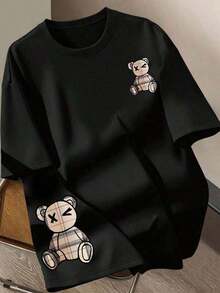 Women's Casual T-Shirt With Cartoon Bear Print, Round Neck And Short Sleeve - 黑色 2 - 查看 7