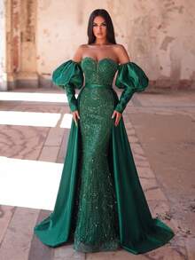 Faeriesty Đầm dạ hội dài màu xanh lá cây thanh lịch đính sequin và hạt cườm, thiết kế trễ vai, tay phồng dài, chân váy bút chì, buộc dây phía sau, thích hợp cho các dịp trang trọng và đám cưới. - Màu xanh lá cây đậm - Xem 4