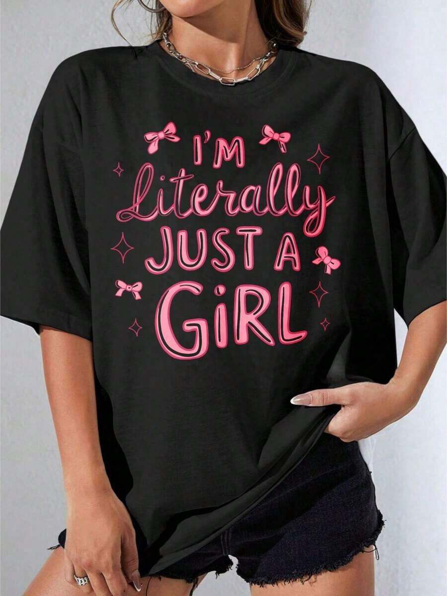 Black And White T-Shirt For Girls, Oversized White T-Shirt With Pink Text "I'm Literally Just A Girl" And Bow Design, For Everyday Casual Wear, Outdoor Parties, Casual Printed T-Shirt - 黑色 - 查看 1