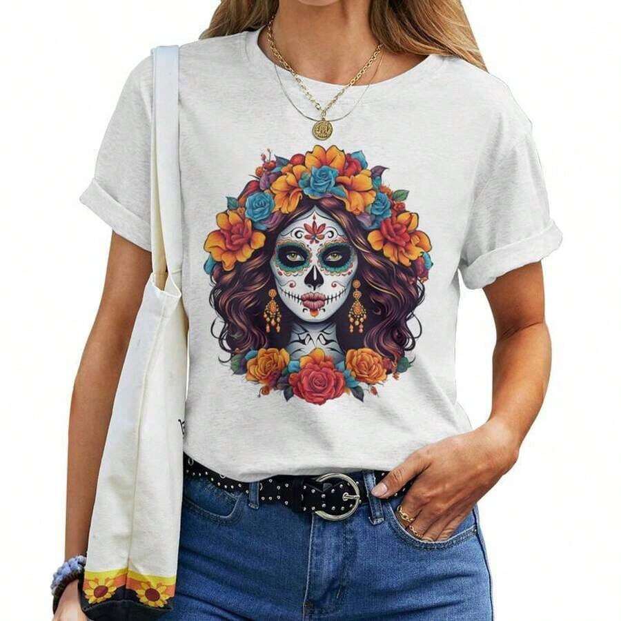 De Los Muertos La Catrina Día de los Muertos Calavera de Azúcar Floral Camiseta de Mujer de Manga Corta / Camiseta de manga corta - Blanco - Ver 1