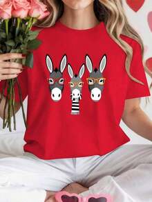 Loose Women's T-Shirt With Horsehair Glasses Print, Pure Women's T-Shirt, Comfortable Fit Tops For Women, Basic Crew Neck Cotton T-Shirt For Women - 紅色的 - 查看 11