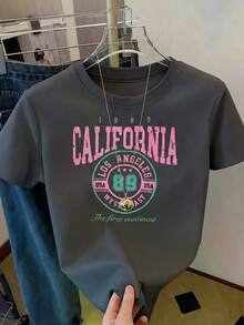 Camiseta de mujer estampada de manga corta para verano, Nueva camiseta de manga corta con cuello redondo para mujeres, Tops de mujer, Estilo multifuncional, Estampado de dibujos animados. - Gris oscuro - Ver 2