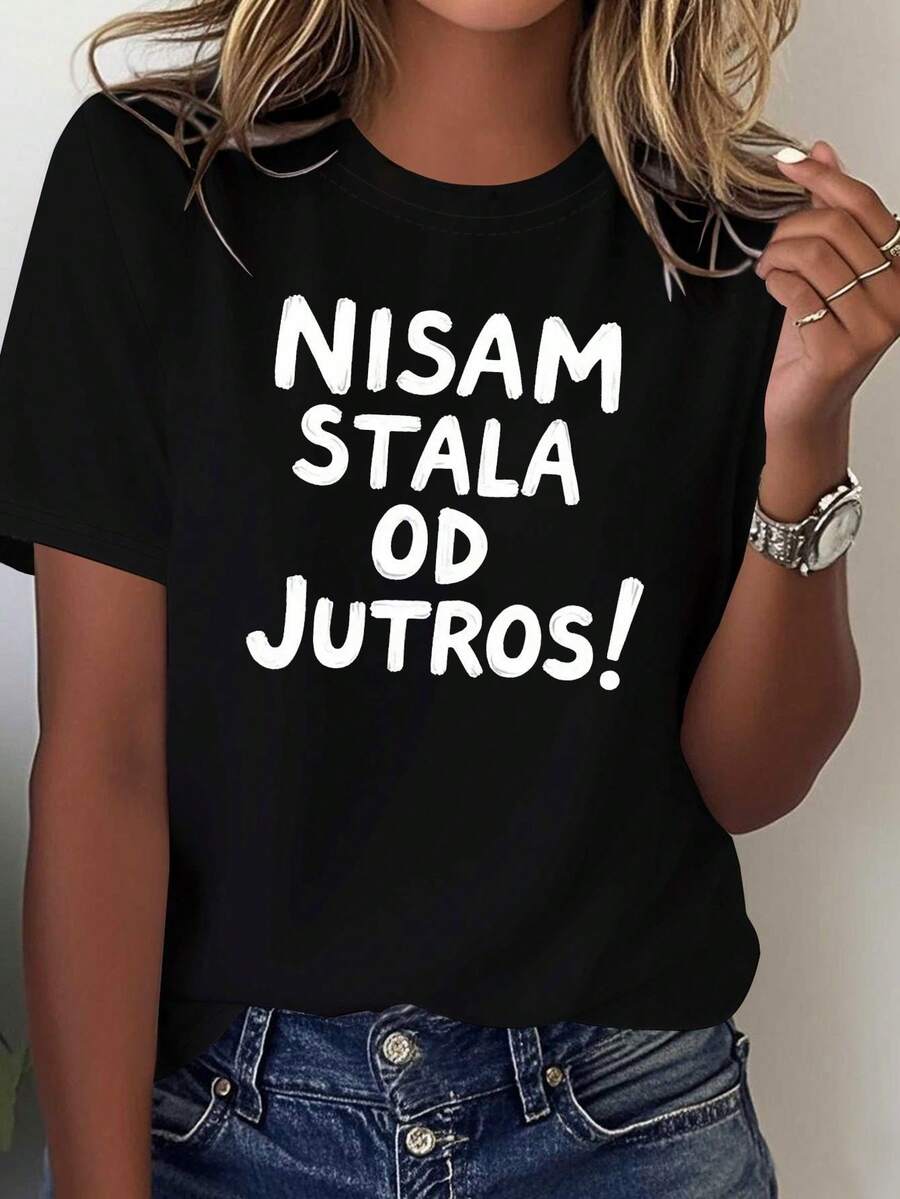 1 camiseta de manga corta para mujer, cuello redondo, primavera/verano, con estampado de texto, 180g 100% algodón. - Negro - Ver 1