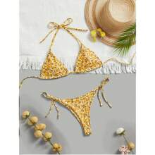 Nuevo bikini floral de dos piezas con lazos, bikini estilo resort para mujer, traje de baño sexy para la playa. - Amarillo - Ver 6