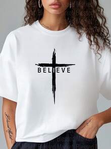 Women's & Men's Casual White T-Shirt With 'Believe' Cross Print, 100% Cotton, Short Sleeve, Crew Neck, Plus Size Regular Fit For All Seasons, 180G Fabric - Various Colors, 'Choir VBS' Christian Faith T-Shirt For Christmas, Thanksgiving, Halloween - 白色 - 查看 1