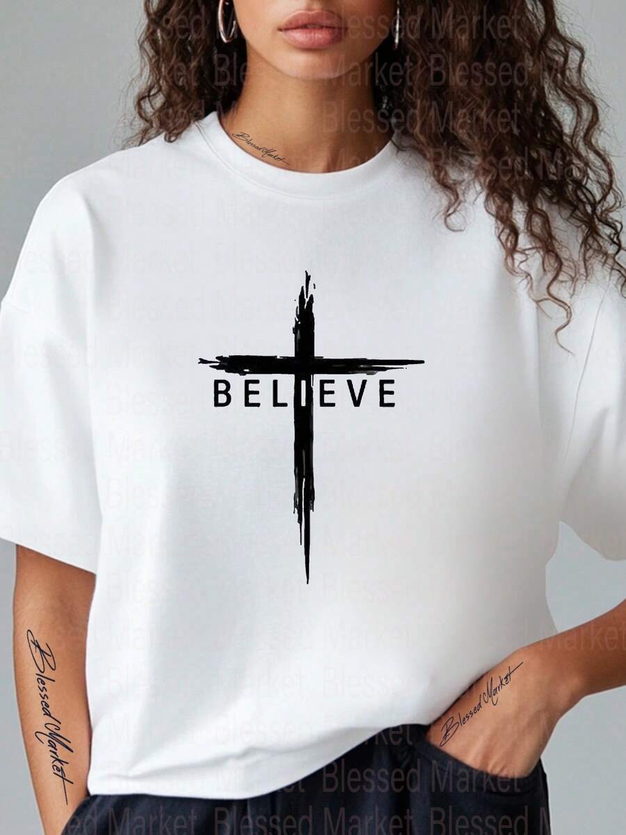 Women's & Men's Casual White T-Shirt With 'Believe' Cross Print, 100% Cotton, Short Sleeve, Crew Neck, Plus Size Regular Fit For All Seasons, 180G Fabric - Various Colors, 'Choir VBS' Christian Faith T-Shirt For Christmas, Thanksgiving, Halloween - 白色 - 查看 1