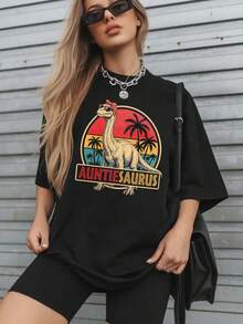 1 Piece Unisex Loose-Fitting Short-Sleeved T-Shirt, Crew Neck, 180g, 100% Pure Cotton, With A Retro Family Dinosaur Print (Grandpasaurus/Grandmasaurus/Sistersaurus) With Sunset And Palm Trees. Y2K Bababask Style, Y-Inspired, Ideal For Summer, Everyday Wear, Festivals, Beach Outfits, Suitable For Plus Sizes And All Year Round. - 黑色3 - 查看 6