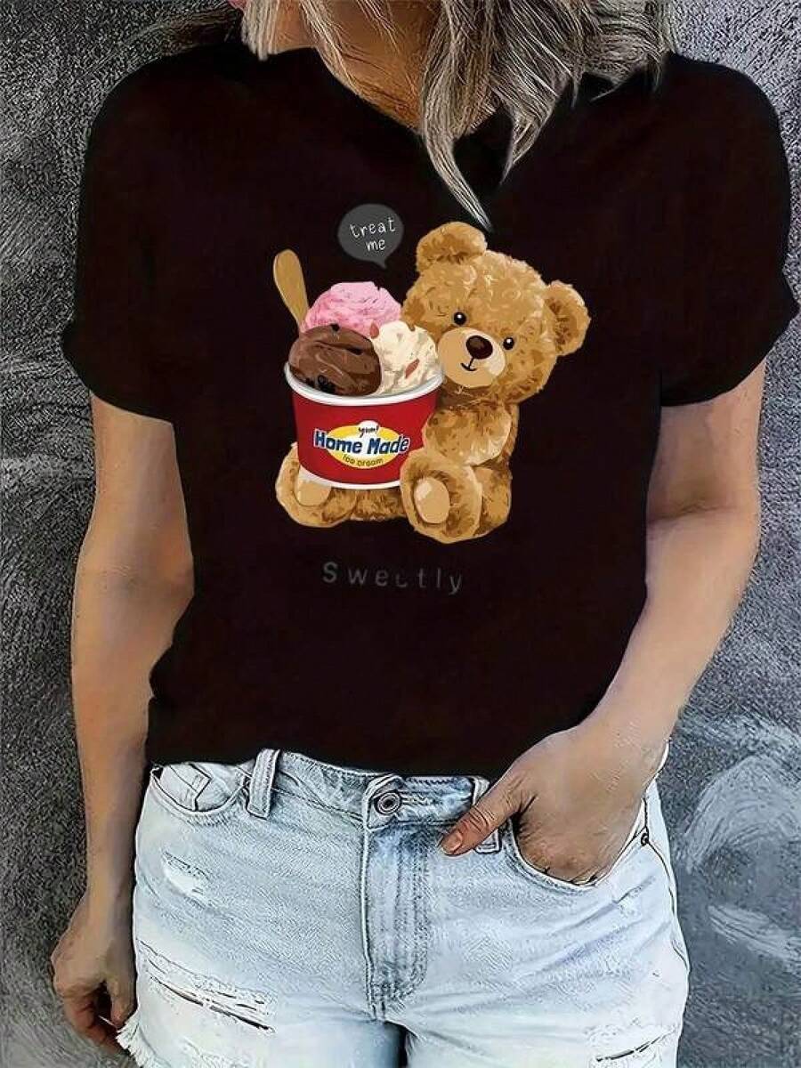 2026 Women's Casual Short Sleeve T-Shirt With Cute Ice Cream Bear Print - Soft And Stretchy Summer Crew Neck Top, Comfortable Machine Washable T-Shirt, Suitable For Daily Wear And Holiday Outfits, Breathable Fabric, Not See-Through, 1pc 180g Unisex Loose Crewneck T-Shirt - 黑色 - 查看 1