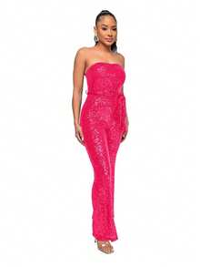 New Women's Jumpsuit, Hot Style, Sleeveless, Sequined, Backless, With Ribbons, Tube Top, Sexy Design, Perfect For Photoshoots, Nightclubs, Parties And Evening Looks - 玫紅色 - 查看 2