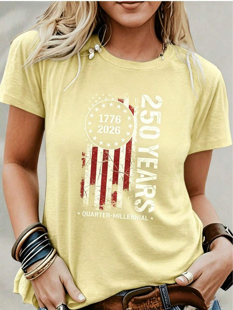250th Anniversary 1776–2026 Women's T-Shirt, American Flag Cartoon Print, Round Neck Short Sleeve, Casual Loose Fit, Soft Breathable - 黃色 - 查看 1