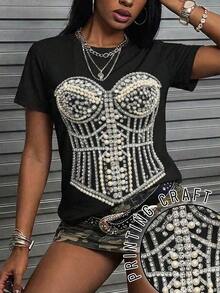 Camiseta de manga corta negra para mujer, adornada con perlas y pedrería, estilo vintage, Y2K, sexy, holgada y casual, adecuada para la comodidad del verano, el transporte diario y el estilo urbano. - Negro - Ver 7