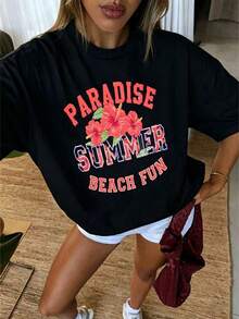 Y2K Style,  Style, Newest 2026 Style, Cute Style, Casual Style, Women's Blouses > Clothing. Women's 100% Cotton T-Shirt With Tropical Hibiscus And Palm Tree Print - Fun Summer Beach Design With Red Lettering, Casual Short Sleeve Crew Neck T-Shirt For Vacation And Casual Wear, Breathable, Suitable For All Seasons, Hawaiian Style, 180g (Sizes S-XXXL) - 黑色 - 查看 1