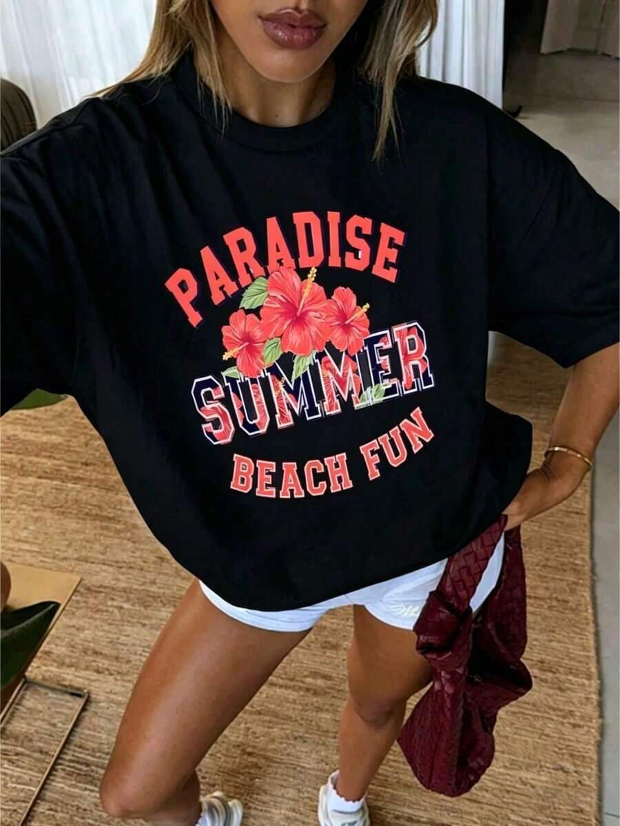 Y2K Style, Style, Newest 2026 Style, Cute Style, Casual Style, Women's Blouses > Clothing. Women's 100% Cotton T-Shirt With Tropical Hibiscus And Palm Tree Print - Fun Summer Beach Design With Red Lettering, Casual Short Sleeve Crew Neck T-Shirt For Vacation And Casual Wear, Breathable, Suitable For All Seasons, Hawaiian Style, 180g (Sizes S-XXXL) - 黑色 - 查看 1