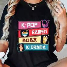 Camiseta de moda para mujer con temas de , ramen, boba y drámas coreanos adorables, perfecta para el verano y disponible en tallas grandes. - Negro - Ver 3