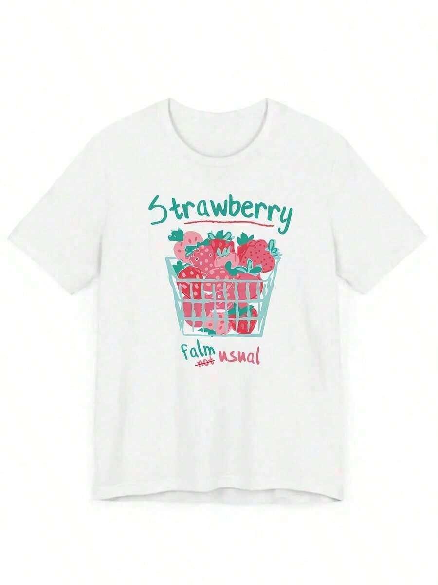 Nueva Colección Primavera/Verano 2026: Ropa Elegante de Mujer con Hombros Descubiertos, Sexy, Estilo K-Pop, Camiseta de Manga Corta para Mujer, Diseño Divertido con Patrón de "Strawberry""Farm Not Usual", Ropa Casual Diaria Transpirable y Cómoda - Blanco - Ver 1