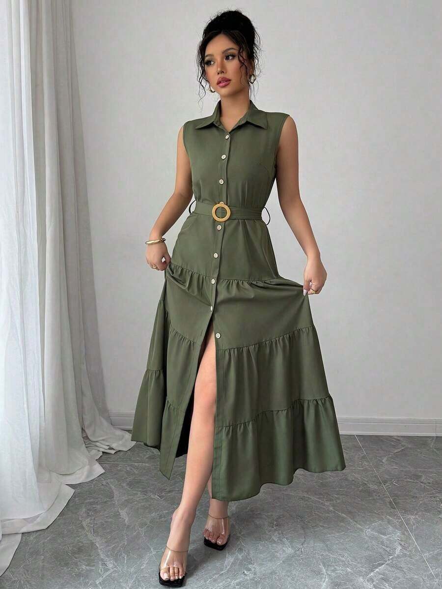 xheElenzga Vestido camisero de mujer de un solo pecho con volantes en el bajo y sin mangasxhe - Verde militar - Ver 1