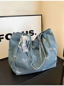 客製化刺繡韓式復古藝術帆布托特包 牛仔蝴蝶結包款 休閒大容量女款單肩包 適合旅行與度假 - 淺藍色 - 查看 9