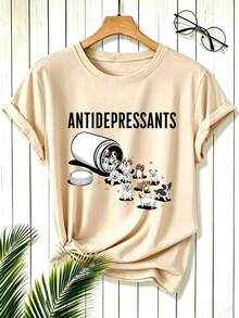 1 Piece Fashion Casual For Men And WomenCamiseta de manga corta con cuello redondo estampada con "Anti-Depresivo" de perro lindo. Nueva camiseta holgada y versátil de manga corta y cuello redondo con un estilo minimalista y casual y un estampado atractivo, adecuada para uso diario y de vacaciones. - Albaricoque - Ver 7