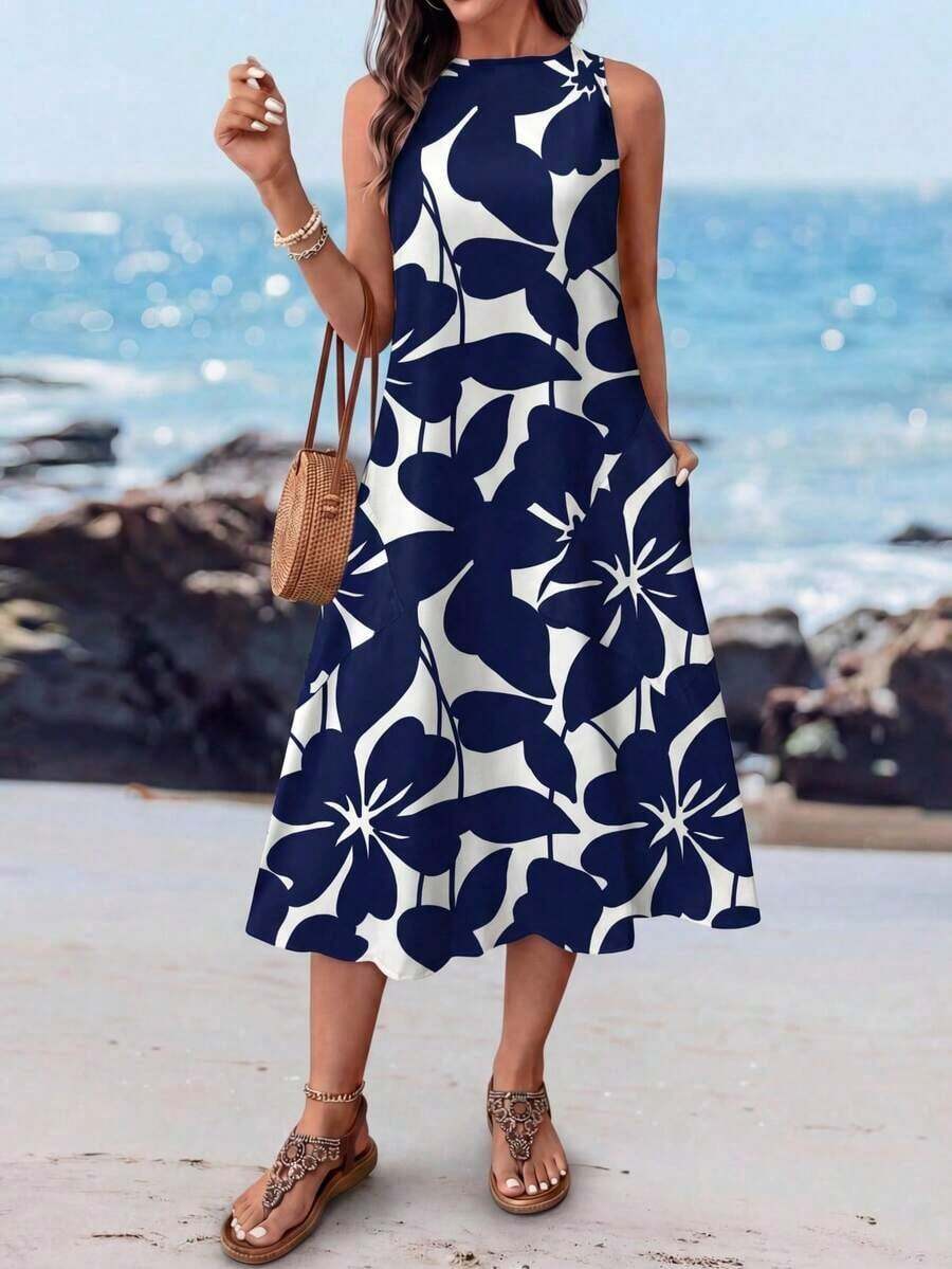 Vestido casual de mujer con estampado floral de cuello redondo y longitud media, adecuado para primavera/verano, apropiado para salir, vestido elegante, casual - Azul - Ver 1