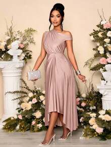 Vestido largo de punto elástico morado, cómodo y elegante para ocasiones de fiesta y citas, con detalles recogidos, cuello asimétrico y bajo asimétrico con abertura, para mujer, de primavera y verano - Rosa - Ver 1