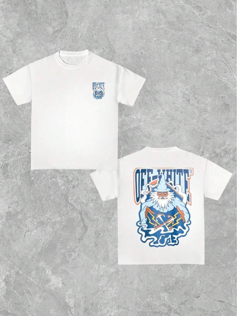 Men's Casual Short Sleeve Crew Neck T-Shirt, 1 Piece, 100% Cotton, Double-Sided Digital Print, White Wizard Theme Design, 220g Heavyweight T-Shirt, Short Sleeve Tee - 白色 - 查看 1