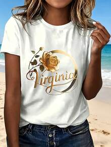 Virginia Rose Gold Print T Shirt Fashion Design Casual Wear Beach Outfit Perfect Gift For Her Summer Style Trendy Look Lightweight Comfortable Fit - Blanco - Ver 1