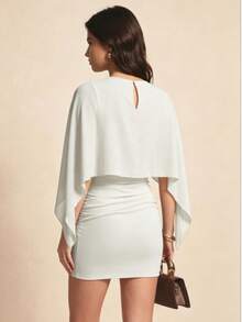 Vestido mini ligero 2 en 1 de unicolor con mangas de murciélago y patchwork para cita nocturna, vacaciones, fiesta de cumpleaños, uso diario - Blanco - Ver 5