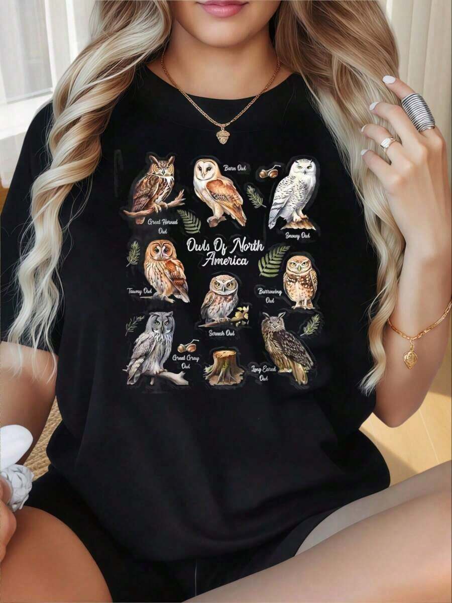 Camiseta de Mujer con Cuello Redondo y Mangas Cortas, Estampado Divertido de Búhos de Norteamérica, Camiseta Negra con Estampado de Búho, Diseño Gráfico de Animales Salvajes, Estilo Casual, Ideal para el Día de San Valentín, Navidad, Fiestas, Actividades Deportivas, Vacaciones, Salidas, Deportes y Otros Regalos Festivos. Camiseta unisex de algodón de manga corta y cuello redondo, estilo vintage urbano, holgada. Blusas para mujer. blusas.blusas casuales para dama. - Negro - Ver 1