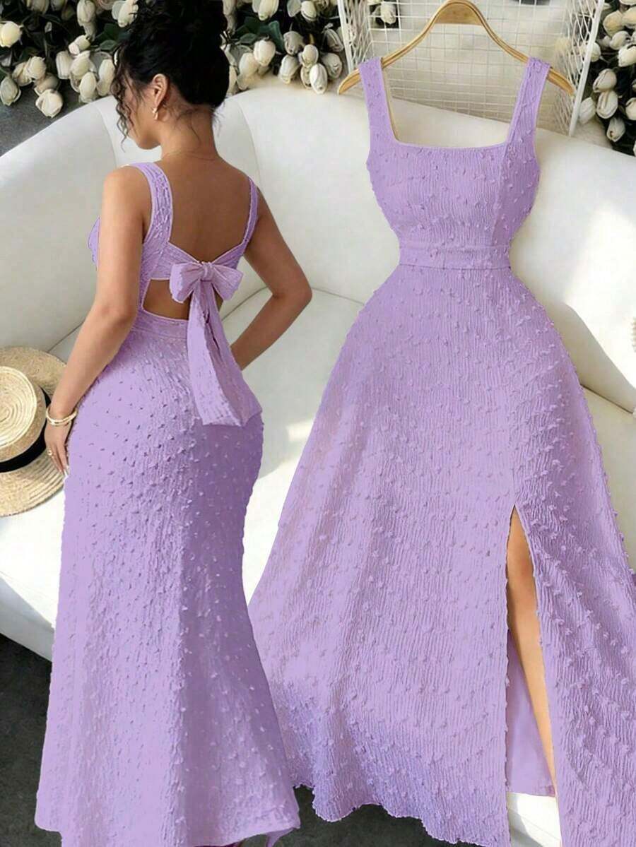 New Sleeveless Square Neck Textured Knit Dress With Open Back Bow Tie Design, Elegant Fitted Party Dress - Mauve Purple - View 1