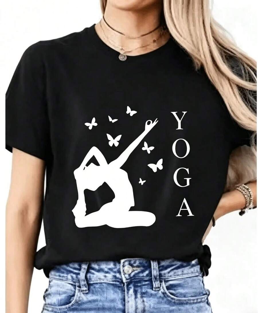 NewSummerCasualCamiseta Gráfica para Mujer con Estampado de Letras y Gestos de Yoga, Estampado de Mariposa con la Palabra YOGA, Manga Corta para Vacaciones de Verano, Estilo Deportivo Casual, Elegante, Vintage, Holgada, Adelgazante y Versátil, 100% Algodón. Blusas para dama casuales - Estilo vintage urbano, unisex, holgadas, de algodón, manga corta, cuello redondo. - Negro - Ver 1