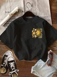 Limited Edition Graphic Print T-Shirt, Short Sleeves, Round Neck, Casual Top For Summer And Spring, Women's Clothing, Lightweight Cotton. - 黑色 - 查看 4