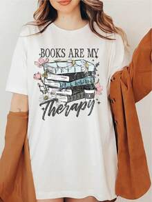 Camiseta Casual de Manga Corta para Mujer, para Vacaciones de Verano, para Amantes de los Libros, Camiseta con la Frase "Los Libros Son Mi Terapia", Camiseta Divertida para Lectores, Camiseta con Gráfico de Ratón de Biblioteca, Regalo Bonito para Lectores, Camiseta para Entusiastas Literarios, Regalo para Amantes de los Libros - Blanco - Ver 3
