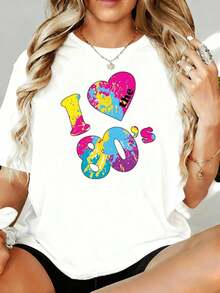 I Love The 80s, Oversized Tie-Dye Print T-Shirt, Women's Casual Fashion, Summer Clothes 180g, For Leisure At Home And Outdoors, Valentine's Day Party Gift - 白色 - 查看 7
