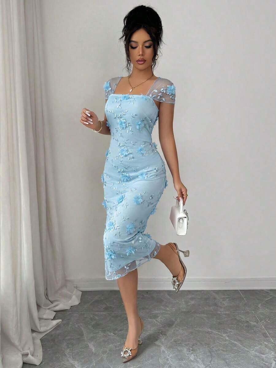 Vestido midi de mujer con cintura fruncida, elegante y romántico, con bordado de malla, adecuado para la temporada de bodas, fiestas, citas y salidas casuales en primavera/verano - Azul - Ver 1