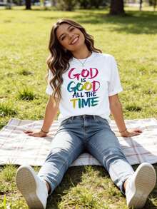 Camiseta "God Is Good All The Time" Frase Religiosa Colorida Mujer | Ropa Casual Cristiana Manga Corta Diaria - Blanco - Ver 4