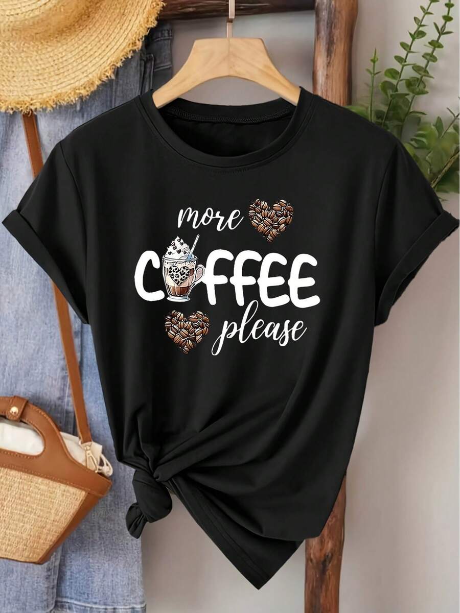 2026Camiseta de Mujer Temática de Café "Más Café Por Favor" | Camiseta Casual de Manga Corta con Decoración de Taza de Café y Corazón de Grano de Café y Lema, Blanco-Marrón, Camiseta Diaria para Amantes del Café - Negro - Ver 1