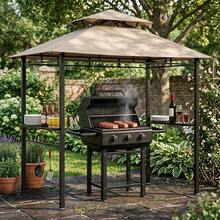 Home Outdoor 8x5 Ft BBQ Grill Gazebo With Double Roof, Grill Shelter With 2 Side Shelves & Tool Hooks, Weather-Resistant Patio Shelter For Backyard Cooking - Khaki - View 2