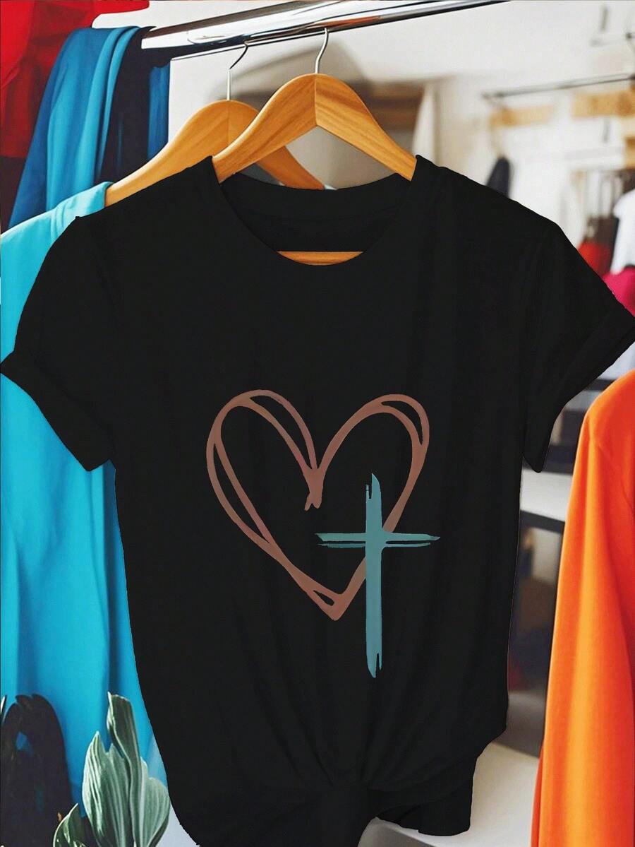Camiseta de manga corta para mujer con estampado de cruz en forma de corazón - Cuello redondo, corte holgado informal, adecuada para uso diario en primavera y otoño, serie estilo latino, regalo unisex (lavable a máquina) - Negro - Ver 1