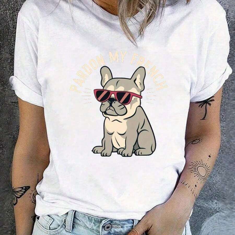 Ropa Curvy en Oferta y Camiseta con Estampado de Bulldog Francés y Cuello Redondo para Primavera y Verano, Camiseta Casual de Manga Corta para Mujer, Estilo Y2K. 220G Algodón 100%, 220G A1DA para Estabilidad. El estilo A1DA1 es adecuado para todas las identidades, tanto masculinas como femeninas. Tela S 1, Tela C 1 de calidad, práctica en cualquier combinación A1JE, suave al tacto pero diseñada para durar. Blusas Frescas, Trajes de Otoño, VaC1Actions, Temática Mexicana, Vestidos con Temática de la Copa Mundial 2026, Camisetas para Mujer Y2K - Blanco - Ver 1