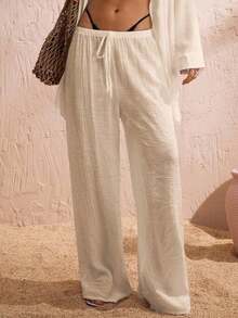 Pantalones anchos de verano para mujer con cintura anudada y unicolor - Albaricoque - Ver 9