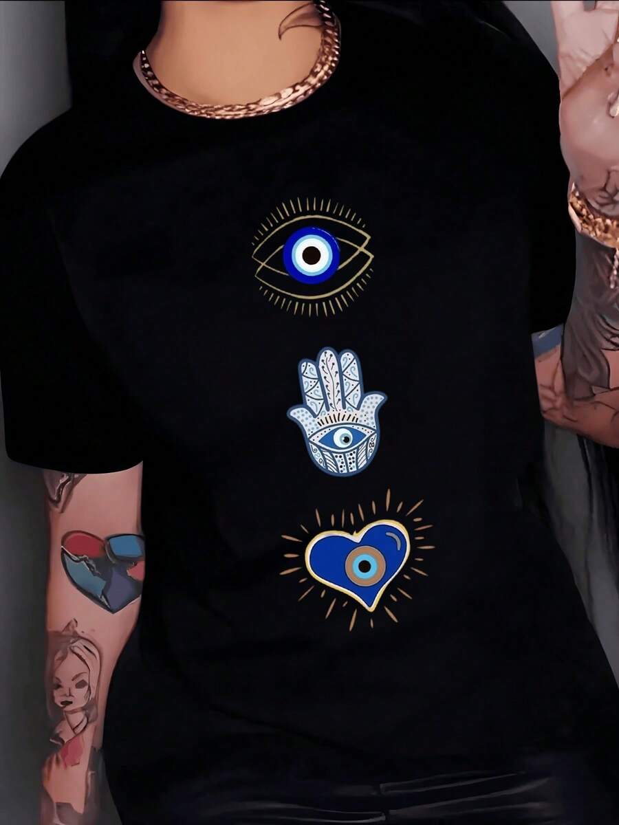 Ojo místico protector con mano de hamsa y corazón azul simbolizando energía positiva y amuleto contra las malas vibras camiseta de mujer casual moderna cómoda para uso diario - Negro - Ver 1
