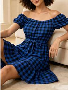 Casual Short Dress With Buttons Down The Front, Long Sleeves, And A Plaid Print. - 藍色 - 查看 4
